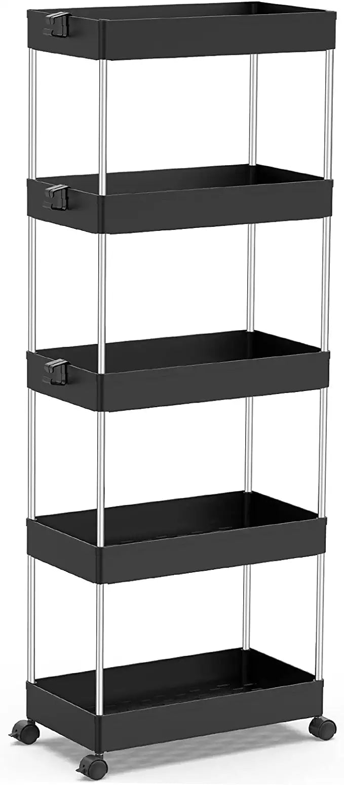 SPACEKEEPER 5 Tier Slim Rolling Storage Cart Mobile Shelving Unit Organizer Rolling Utility Cart for Bathroom Laundry Living Room & Dressers , Black