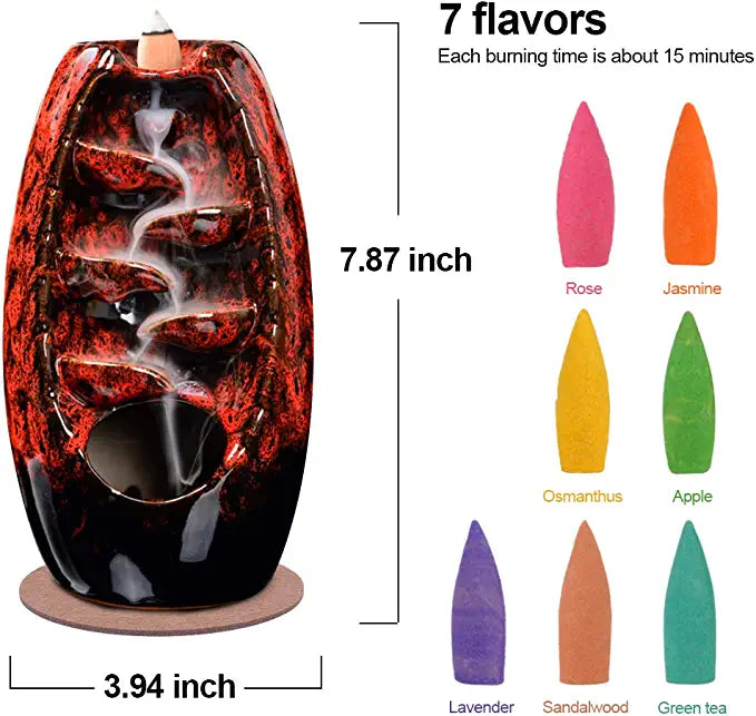 SPACEKEEPER Ceramic Backflow Incense Burner for Meditation Waterfall Incense Holder for Yoga Aromatcherapy Ornament with 120 Backflow Incense Cones + 30 Incense Stick, Red