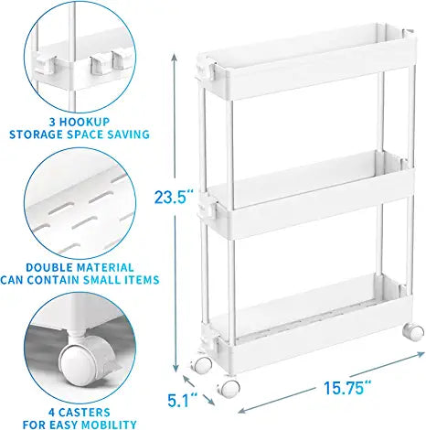 SPACEKEEPER 3 Tier Slim Rolling Storage Cart Mobile Shelving Unit Organizer Rolling Utility Cart for Bathroom Laundry , White