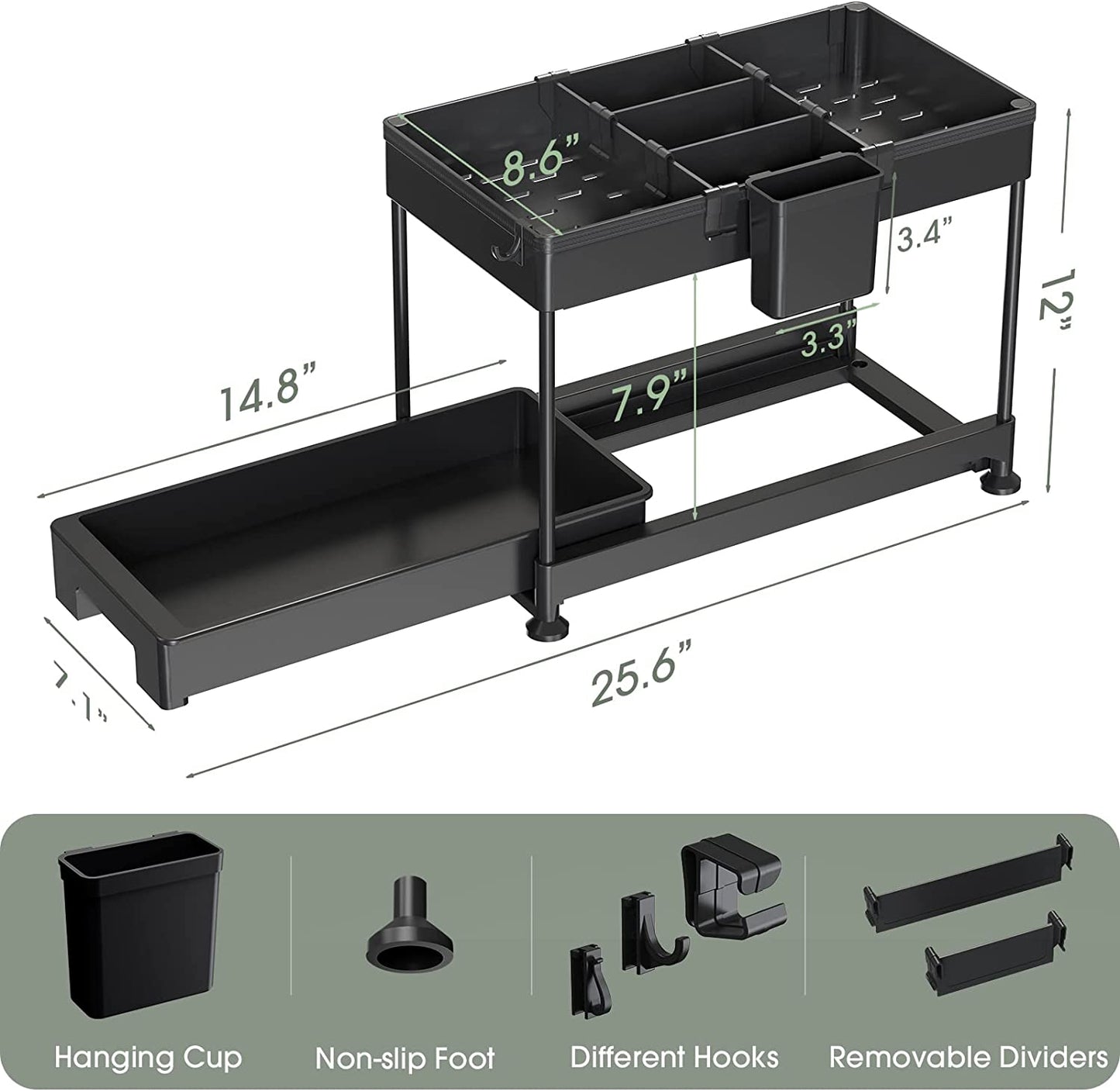 SPACEKEEPER Under Sink Organizer, 2 Tier Storage Rack with Hooks, Dividers, Hanging Cup, Multi-purpose Storage Shelf for Bathroom Kitchen, black, 2 Pack