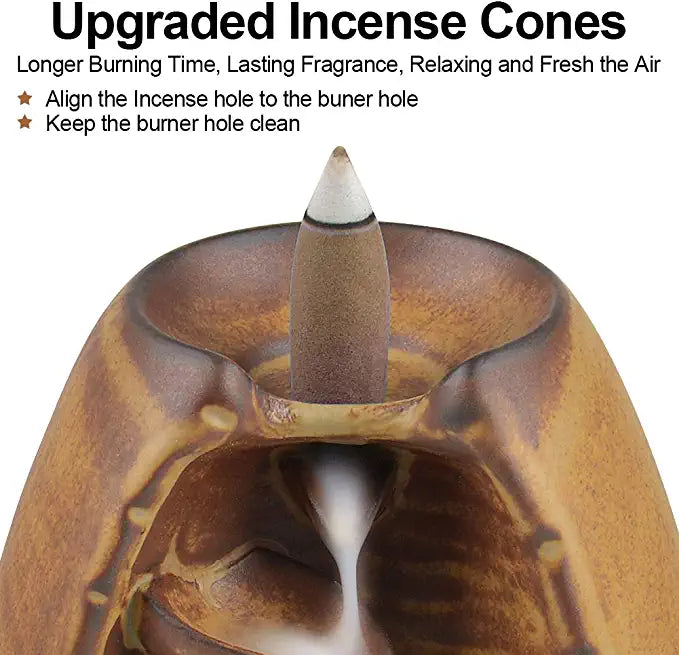 SPACEKEEPER Ceramic Backflow Incense Burner for Meditation Waterfall Incense Holder for Yoga Aromatcherapy Ornament with 120 Backflow Incense Cones + 30 Incense Stick, Brown