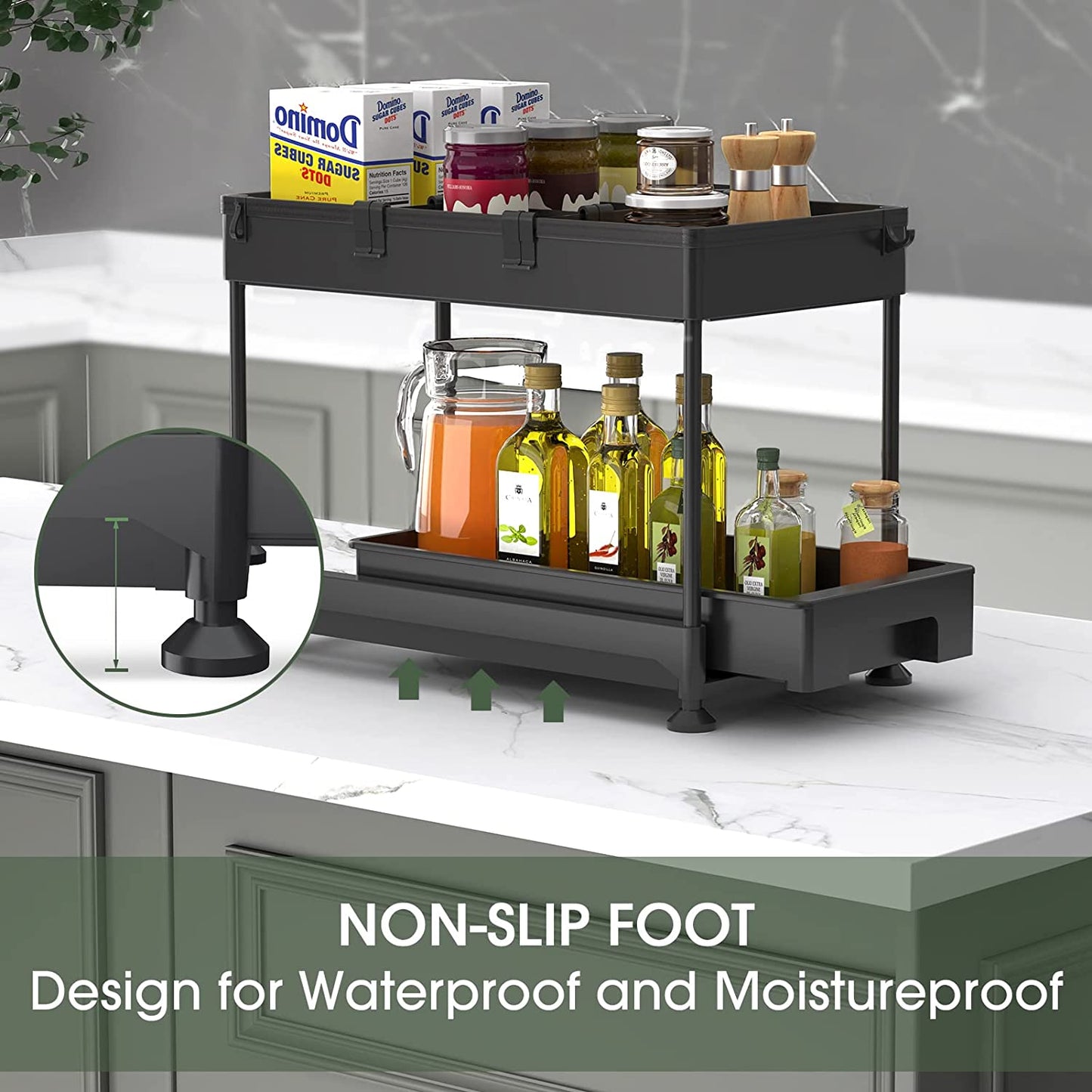 SPACEKEEPER Under Sink Organizer, 2 Tier Storage Rack with Hooks, Dividers, Hanging Cup, Multi-purpose Storage Shelf for Bathroom Kitchen, black, 2 Pack