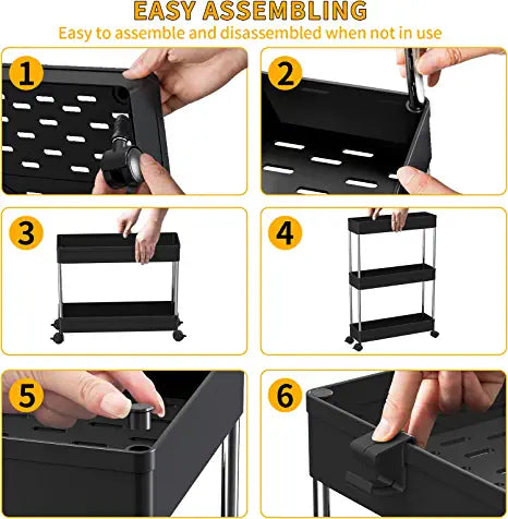 SPACEKEEPER 4 Tier Slim Rolling Storage Cart Mobile Shelving Unit Organizer Rolling Utility Cart for Bathroom Laundry,Black