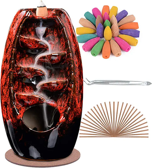 SPACEKEEPER Ceramic Backflow Incense Burner for Meditation Waterfall Incense Holder for Yoga Aromatcherapy Ornament with 120 Backflow Incense Cones + 30 Incense Stick, Red