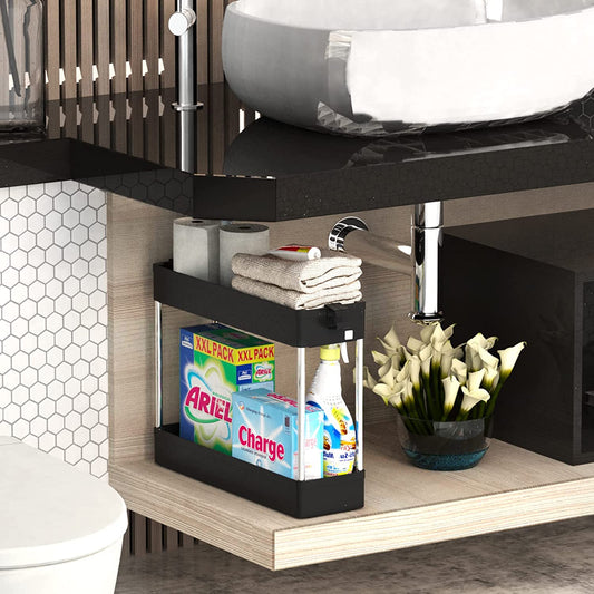 SPACEKEEPER Under Sink Organizers Storage, Bathroom Under Sink Shelf Basket, 2 Tier Bath Organizers and Storage Rack with Hooks, Under Kitchen Sink Shelf Multi-purpose,Black