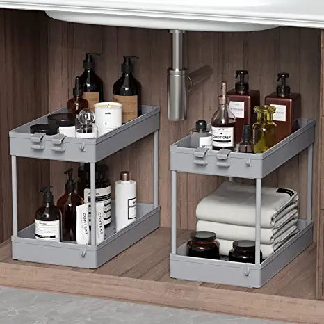 SPACEKEEPER Under Sink Organizer, 2 Tier Under Sink Storage Organizer, Bathroom Standing Rack, Bath Collection Slide-out Baskets with Hooks, Multi-purpose Storage Shelf for Bathroom Kitchen,Gray
