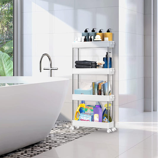 SPACEKEEPER 4 Tier Slim Rolling Storage Cart Mobile Shelving Unit Organizer Rolling Utility Cart for Bathroom Laundry,White