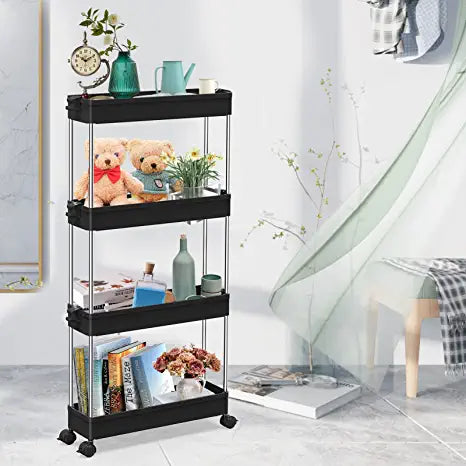 SPACEKEEPER 4 Tier Slim Rolling Storage Cart Mobile Shelving Unit Organizer Rolling Utility Cart for Bathroom Laundry,Black