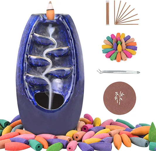 SPACEKEEPER Ceramic Backflow Incense Burner for Meditation Waterfall Incense Holder for Yoga Aromatcherapy Ornament with 120 Backflow Incense Cones + 30 Incense Stick, Navy