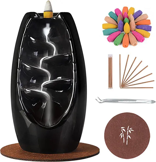 SPACEKEEPER Ceramic Backflow Incense Burner for Meditation Waterfall Incense Holder for Yoga Aromatcherapy Ornament with 120 Backflow Incense Cones + 30 Incense Stick, Jet Black