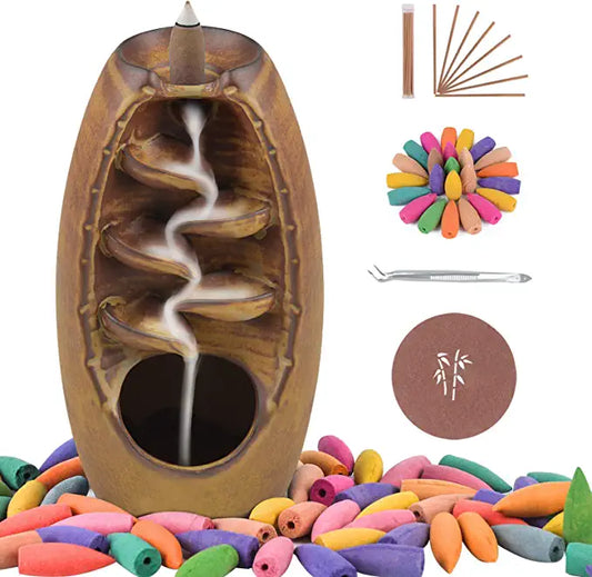 SPACEKEEPER Ceramic Backflow Incense Burner for Meditation Waterfall Incense Holder for Yoga Aromatcherapy Ornament with 120 Backflow Incense Cones + 30 Incense Stick, Brown