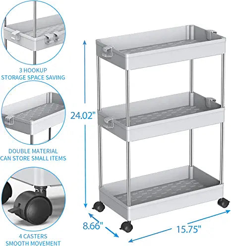 SPACEKEEPER Slim Storage Cart, 3 Tier Organizers Rolling Utility Cart,Mobile Shelving Unit Organizer for Kitchen, Bedroom, Bathroom, Laundry,Grey