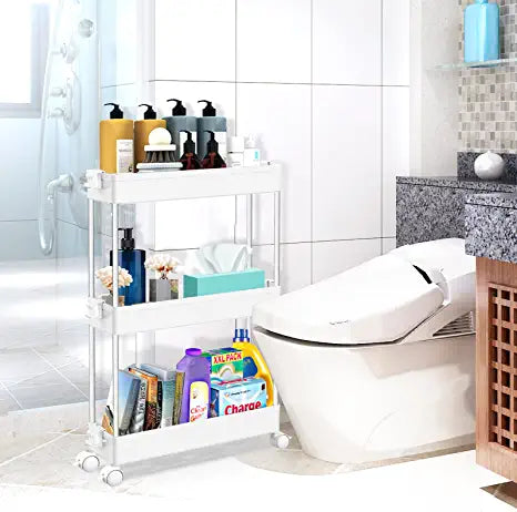 SPACEKEEPER 3 Tier Slim Rolling Storage Cart Mobile Shelving Unit Organizer Rolling Utility Cart for Bathroom Laundry , White