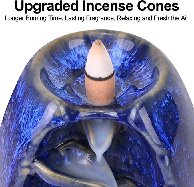 SPACEKEEPER Ceramic Backflow Incense Burner for Meditation Waterfall Incense Holder for Yoga Aromatcherapy Ornament with 120 Backflow Incense Cones + 30 Incense Stick, Navy