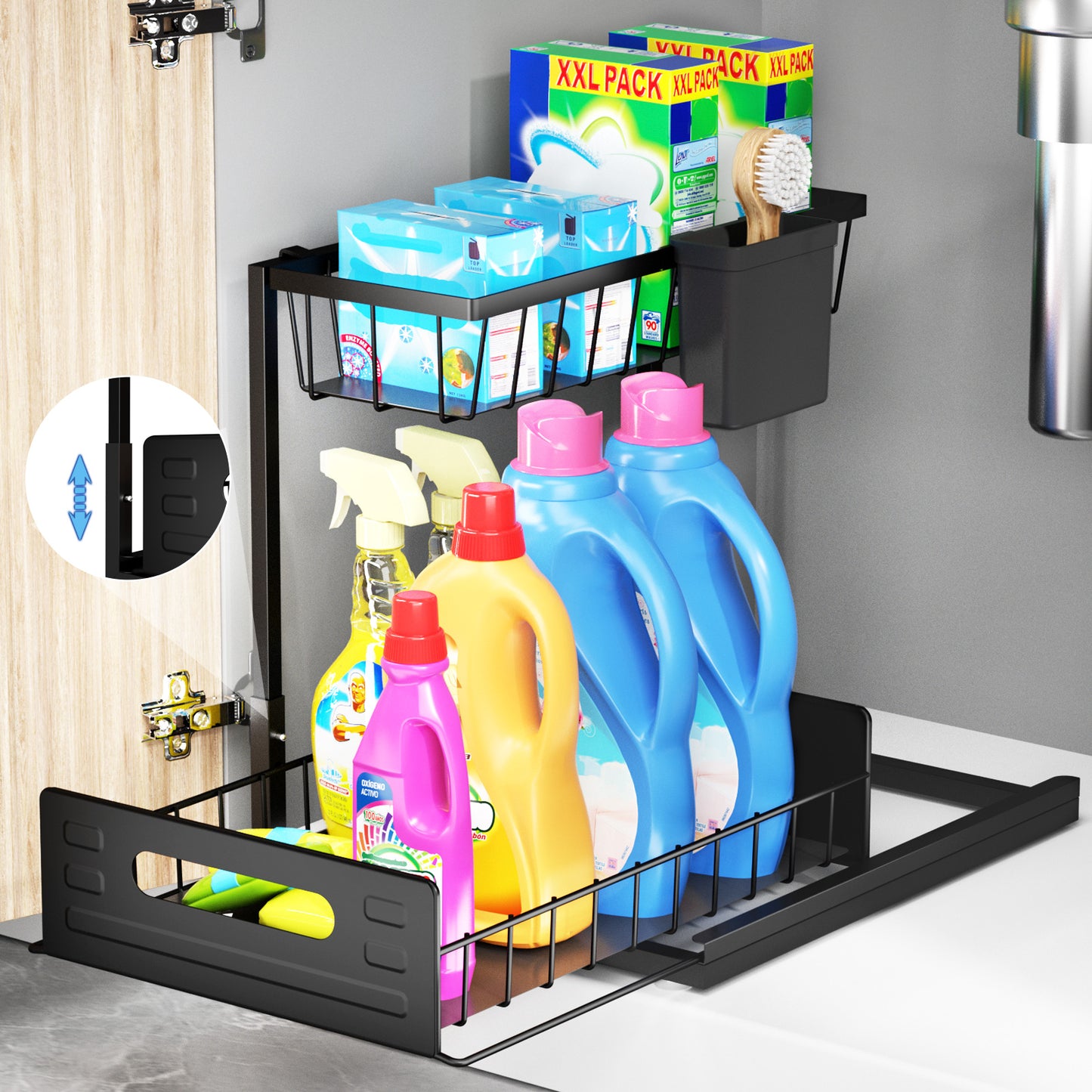 SPACEKEEPER Under Sink Organizer, Pull Out Cabinet Organizer 2-Tier Sliding Under Bathroom Cabinet Storage Rack Multi-purpose Under Sink Shelf for Kitchen Bathroom, Black, 1 Pack