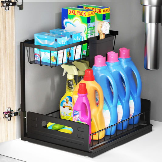 SPACEKEEPER Under Sink Organizer, Pull Out Cabinet Organizer 2-Tier Sliding Under Bathroom Cabinet Storage Rack Multi-purpose Under Sink Shelf for Kitchen Bathroom, Black, 1 Pack