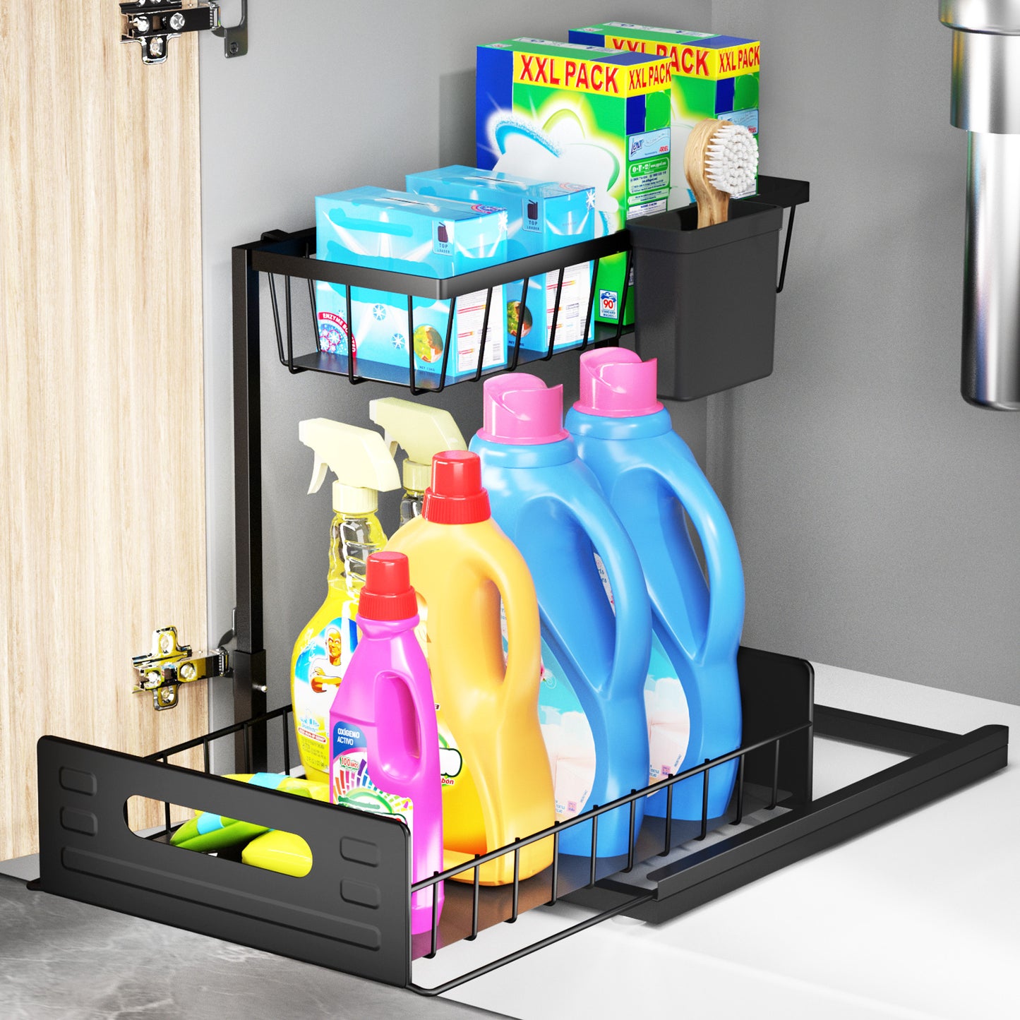 SPACEKEEPER Under Sink Organizer, Pull Out Cabinet Organizer 2-Tier Sliding Under Bathroom Cabinet Storage Rack Multi-purpose Under Sink Shelf for Kitchen Bathroom, Black, 1 Pack