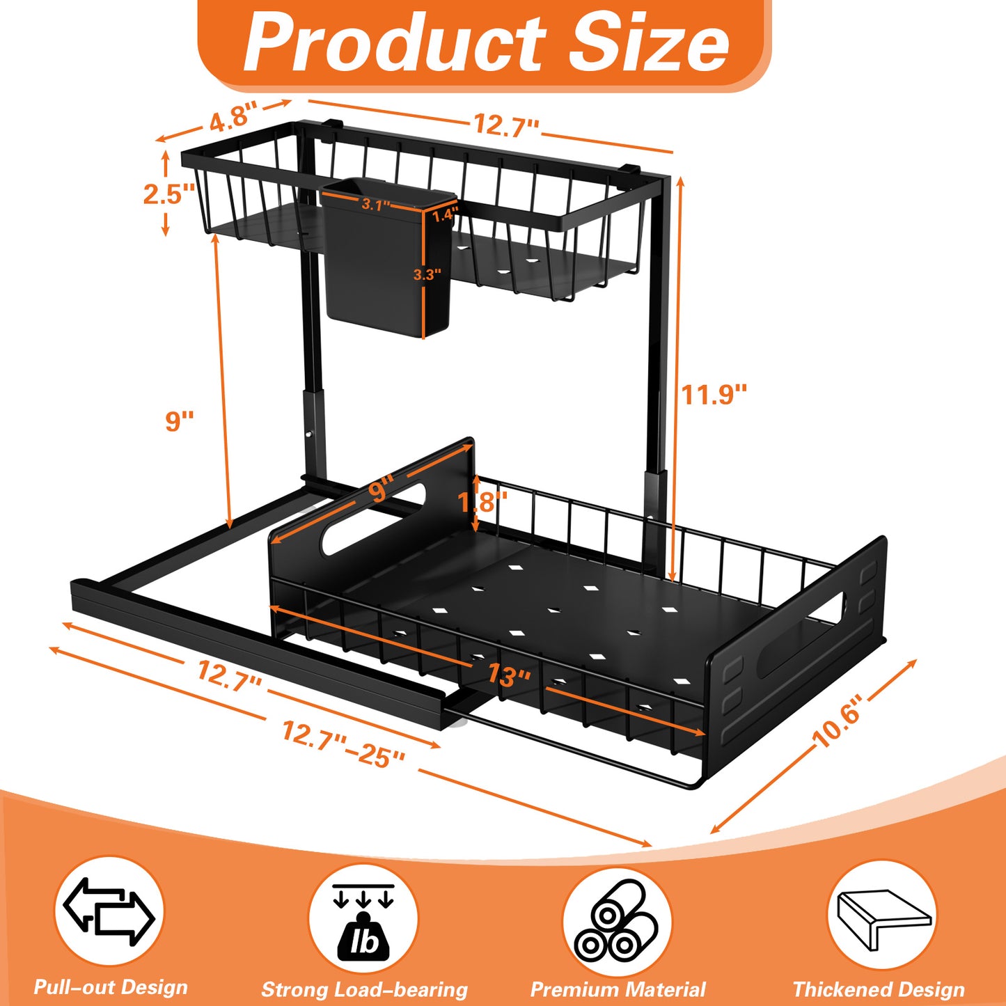 SPACEKEEPER Under Sink Organizer, Pull Out Cabinet Organizer 2-Tier Sliding Under Bathroom Cabinet Storage Rack Multi-purpose Under Sink Shelf for Kitchen Bathroom, Black, 1 Pack