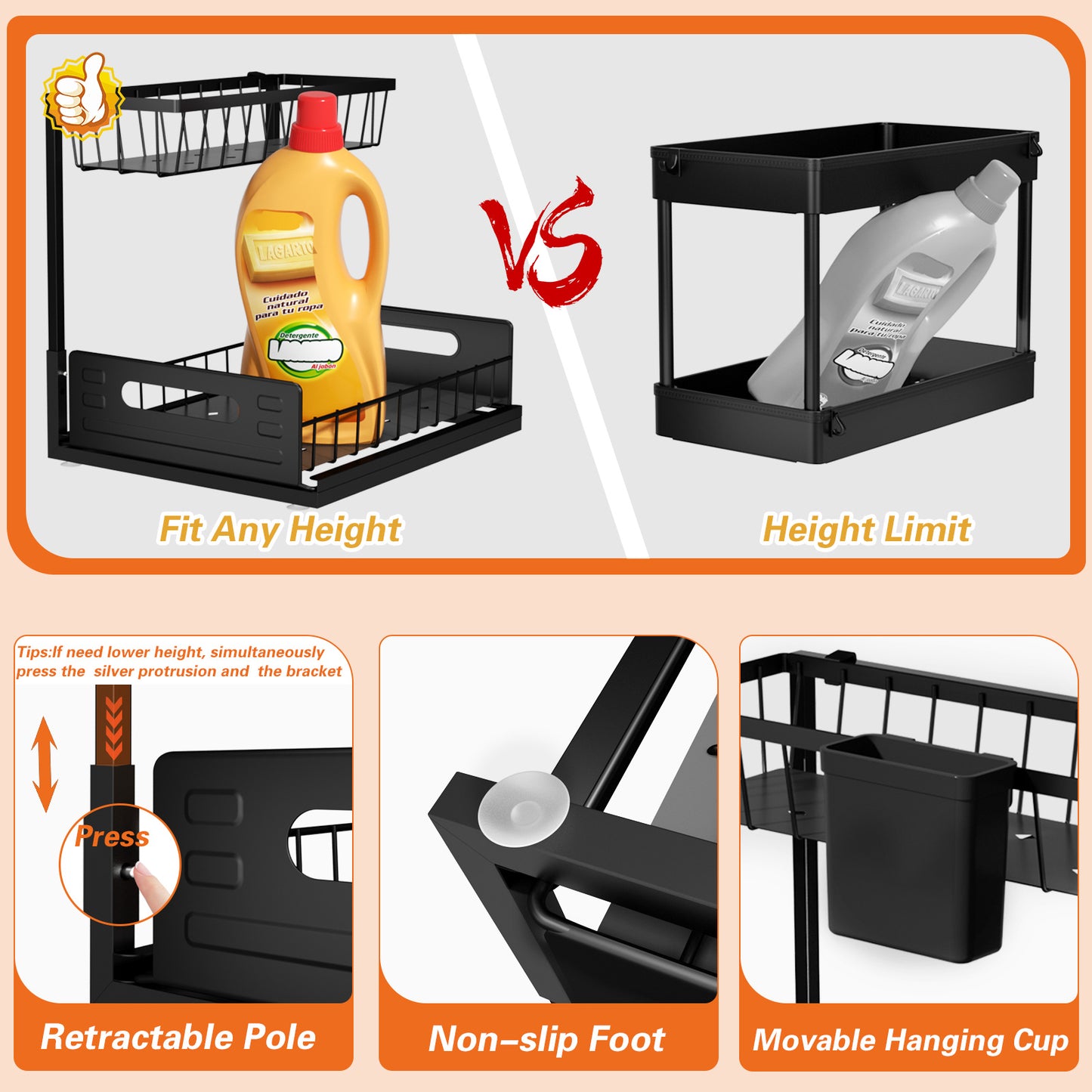 SPACEKEEPER Under Sink Organizer, Pull Out Cabinet Organizer 2-Tier Sliding Under Bathroom Cabinet Storage Rack Multi-purpose Under Sink Shelf for Kitchen Bathroom, Black, 1 Pack