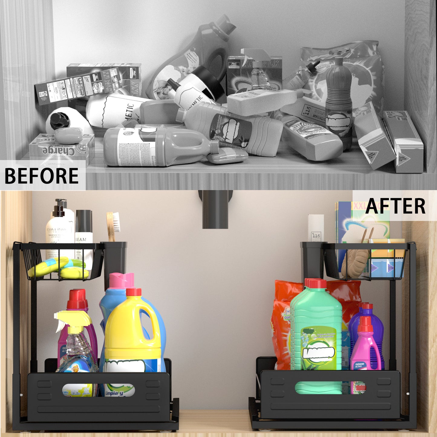 SPACEKEEPER Under Sink Organizer, Pull Out Cabinet Organizer 2-Tier Sliding Under Bathroom Cabinet Storage Rack Multi-purpose Under Sink Shelf for Kitchen Bathroom, Black, 1 Pack