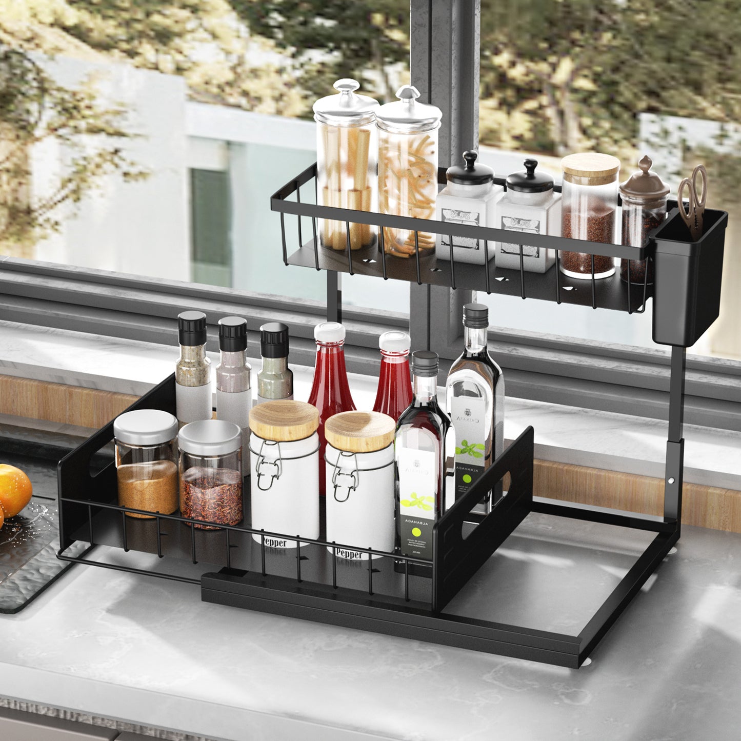 SPACEKEEPER Under Sink Organizer, Pull Out Cabinet Organizer 2-Tier Sliding Under Bathroom Cabinet Storage Rack Multi-purpose Under Sink Shelf for Kitchen Bathroom, Black, 1 Pack