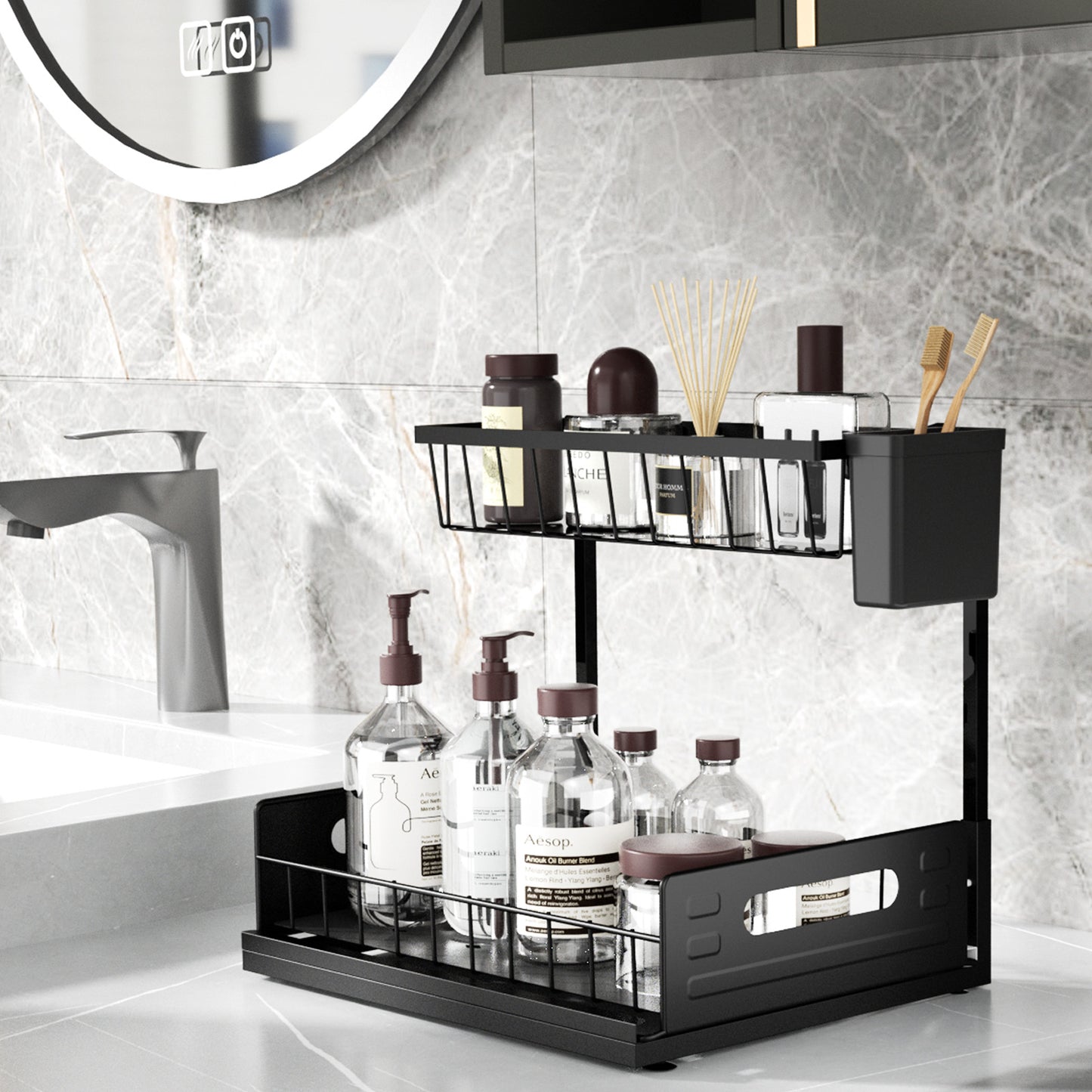 SPACEKEEPER Under Sink Organizer, Pull Out Cabinet Organizer 2-Tier Sliding Under Bathroom Cabinet Storage Rack Multi-purpose Under Sink Shelf for Kitchen Bathroom, Black, 1 Pack