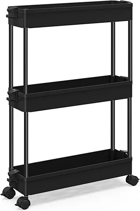 SPACEKEEPER 3 Tier Slim Rolling Storage Cart Mobile Shelving Unit Organizer Rolling Utility Cart for Bathroom Laundry , Black