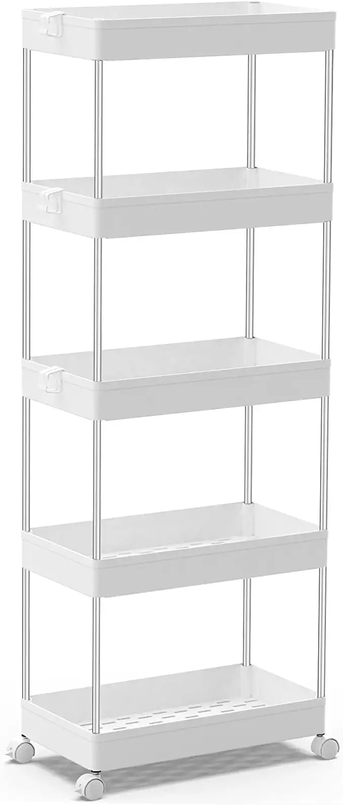 SPACEKEEPER 5 Tier Slim Rolling Storage Cart Mobile Shelving Unit Organizer Rolling Utility Cart for Bathroom Laundry Living Room & Dressers , White