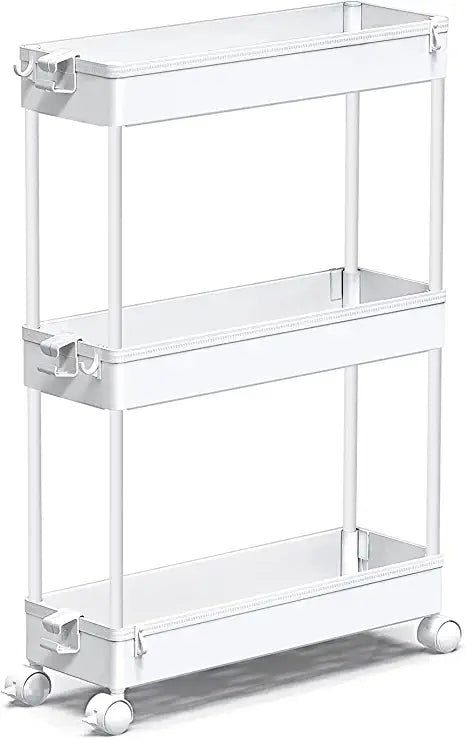 SPACEKEEPER 3 Tier Slim Rolling Storage Cart Mobile Shelving Unit Organizer Rolling Utility Cart for Bathroom Laundry , White