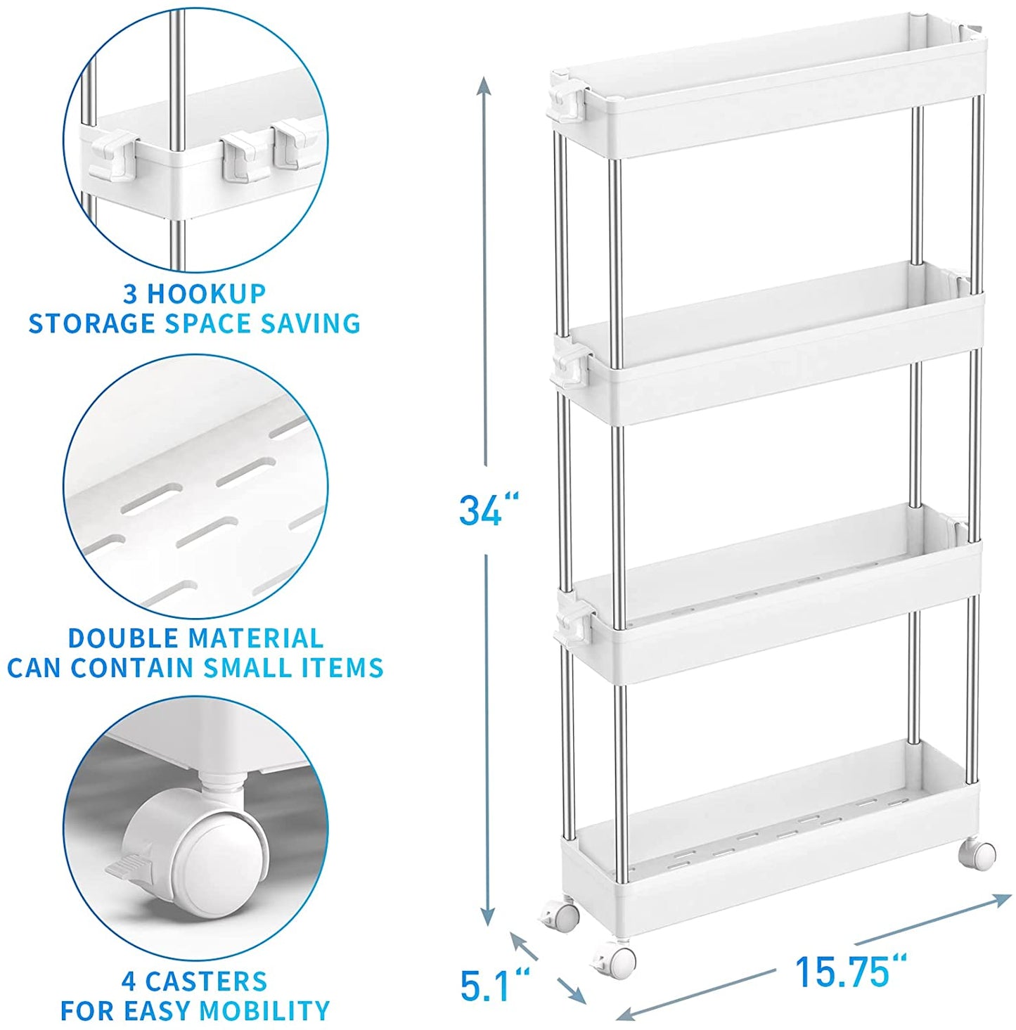 SPACEKEEPER 4 Tier Slim Rolling Storage Cart Mobile Shelving Unit Organizer Rolling Utility Cart for Bathroom Laundry，White