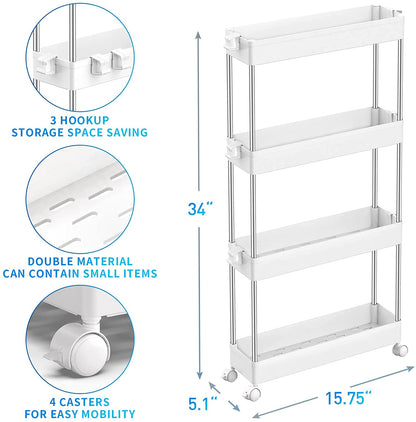 SPACEKEEPER 4 Tier Slim Rolling Storage Cart Mobile Shelving Unit Organizer Rolling Utility Cart for Bathroom Laundry，White