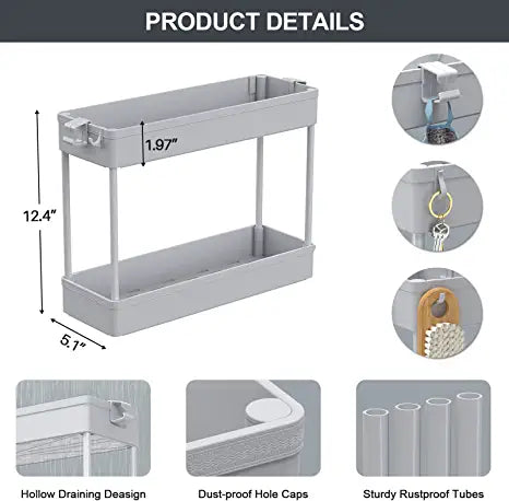 SPACEKEEPER Under Sink Organizers Storage, Bathroom Under Sink Shelf Basket, 2 Tier Bath Organizers and Storage Rack with Hooks, Under Kitchen Sink Shelf Multi-purpose,Gray