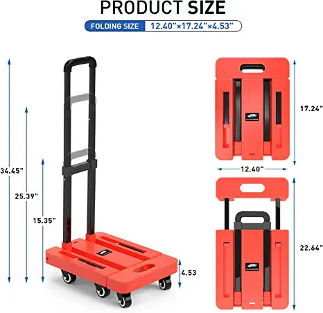 SPACEKEEPER Folding Hand Truck, 500 LB Heavy Duty Luggage Cart, Utility Dolly Platform Cart with 6 Wheels & 2 Elastic Ropes for Luggage, Travel, Moving, Shopping, Office Use,Orange