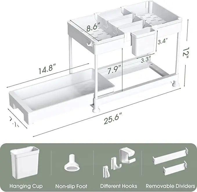 SPACEKEEPER Under Sink Organizer, Sliding Cabinet Basket Organizer 2 Tier Under Bathroom Storage Rack with Hooks, Hanging Cup, Dividers, Multi-purpose Storage Shelf for Bathroom Kitchen, White