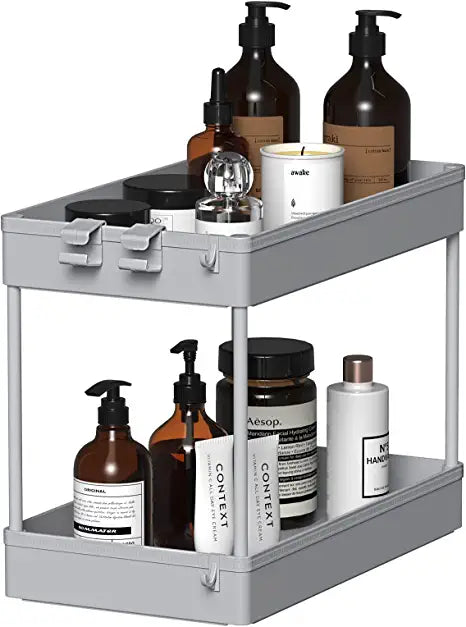 SPACEKEEPER Under Sink Organizer, 2 Tier Under Sink Storage Organizer, Bathroom Standing Rack, Bath Collection Slide-out Baskets with Hooks, Multi-purpose Storage Shelf for Bathroom Kitchen,Gray