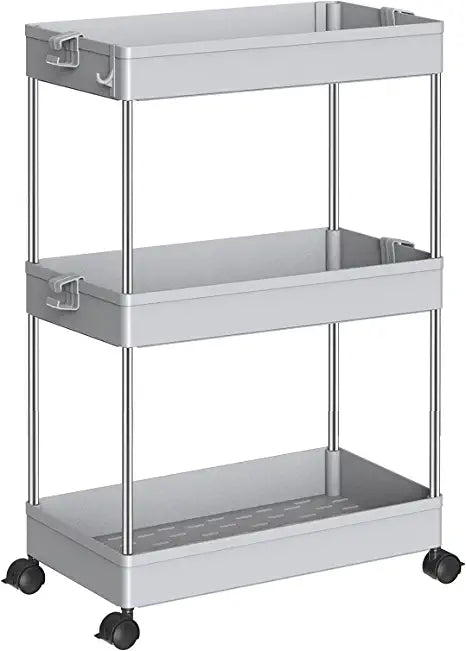 SPACEKEEPER Slim Storage Cart, 3 Tier Organizers Rolling Utility Cart,Mobile Shelving Unit Organizer for Kitchen, Bedroom, Bathroom, Laundry,Grey