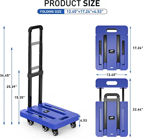 SPACEKEEPER Folding Hand Truck, 500 LB Heavy Duty Luggage Cart, Utility Dolly Platform Cart with 6 Wheels & 2 Elastic Ropes for Luggage, Travel, Moving, Shopping, Office Use,Blue