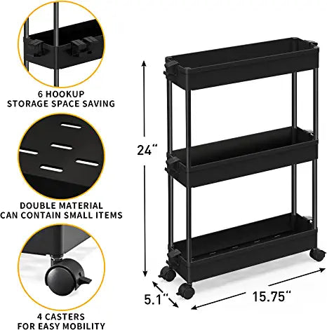 SPACEKEEPER 3 Tier Slim Rolling Storage Cart Mobile Shelving Unit Organizer Rolling Utility Cart for Bathroom Laundry , Black