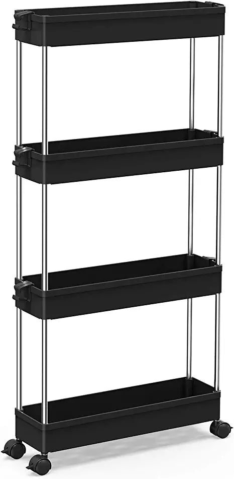 SPACEKEEPER 4 Tier Slim Rolling Storage Cart Mobile Shelving Unit Organizer Rolling Utility Cart for Bathroom Laundry，Black