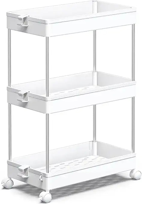 SPACEKEEPER Slim Storage Cart, 3 Tier Organizers Rolling Utility Cart,Mobile Shelving Unit Organizer for Kitchen, Bedroom, Bathroom, Laundry,White