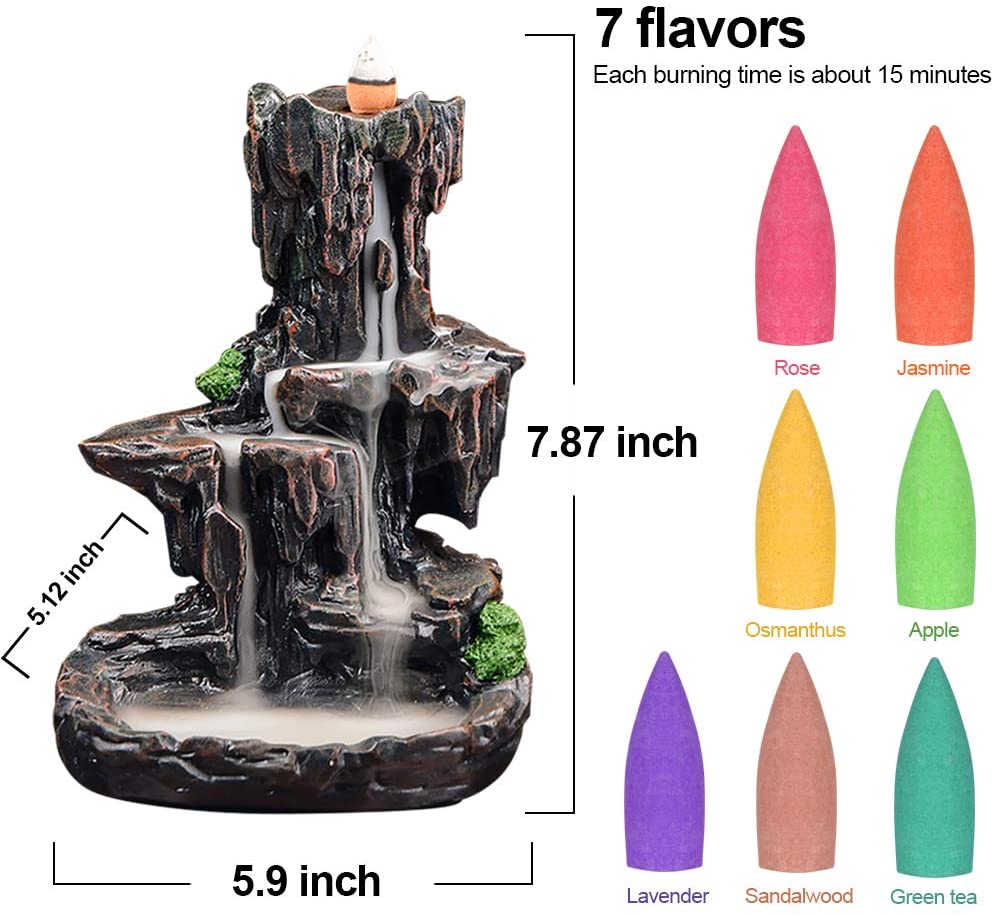 SPACEKEEPER Waterfall Backflow Incense Burner Incense Holders for Yoga Aromatcherapy Ornament with 120 Backflow Incense Cones + 30 Incense Stick