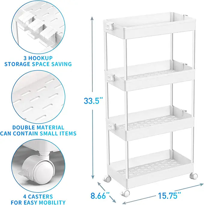 SPACEKEEPER Storage Cart 4 Tier Mobile Shelving Unit Organizer Rolling Utility Cart for Kitchen Bathroom Laundry,White