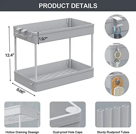 SPACEKEEPER Under Sink Organizer, 2 Tier Under Sink Storage Organizer,  Bathroom Standing Rack, Bath Collection Slide-out Baskets with Hooks,  Multi-purpose Stora…