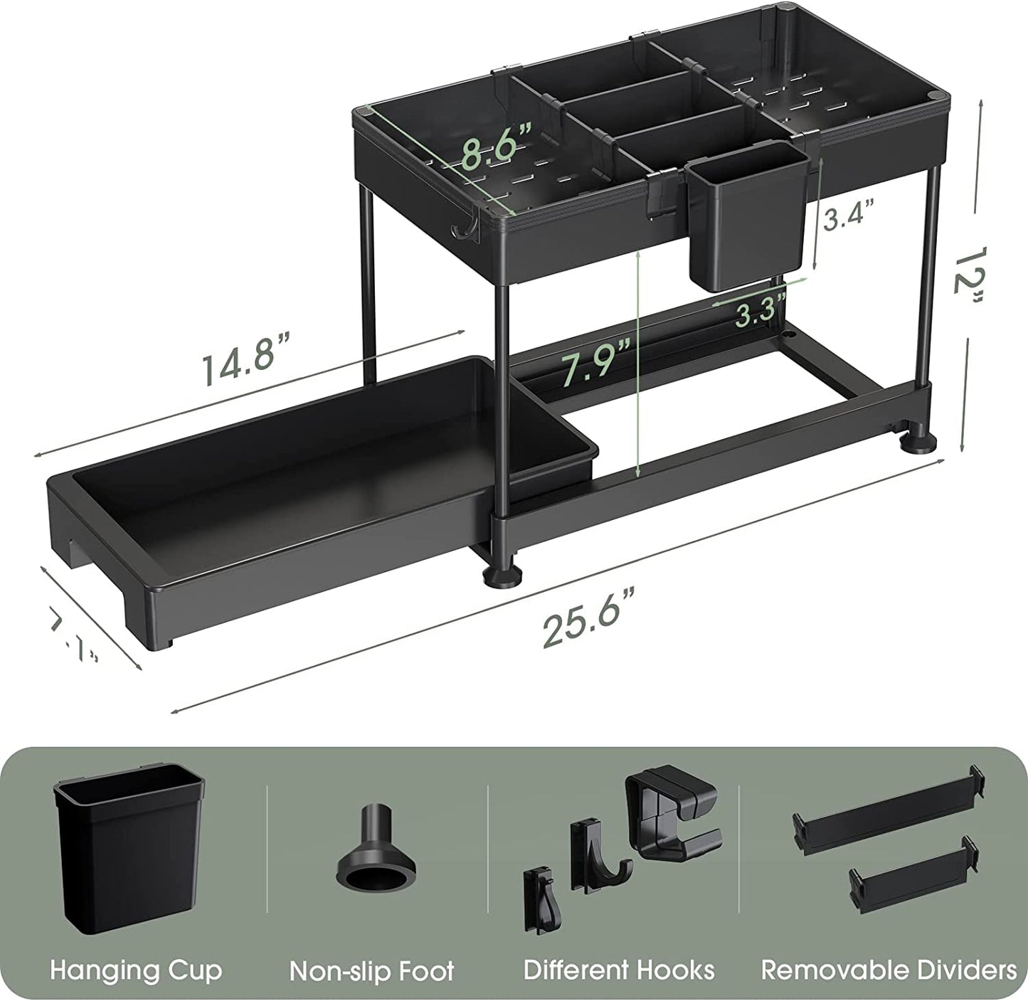 SPACEKEEPER Under Sink Organizer,  2 Tier Storage Rack with Hooks, Dividers, Hanging Cup, Multi-purpose Storage Shelf for Bathroom Kitchen, black, 2 Pack