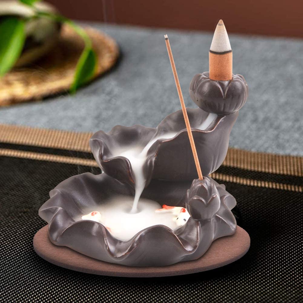 SPACEKEEPER Waterfall Incense Burner, Ceramic Backflow Incense Holder for Yoga Aromatcherapy Ornament with 120 Incense Cones & 30 Incense Sticks