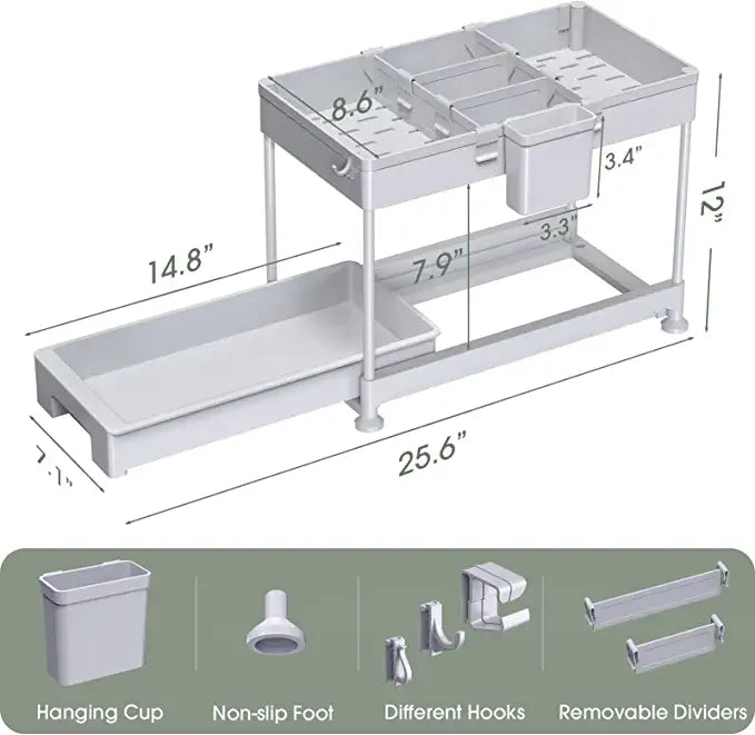 SPACEKEEPER Under Sink Organizer, Sliding Cabinet Basket Organizer 2 Tier Under Bathroom Storage Rack with Hooks, Hanging Cup, Dividers, Multi-purpose Storage Shelf for Bathroom Kitchen, Gray