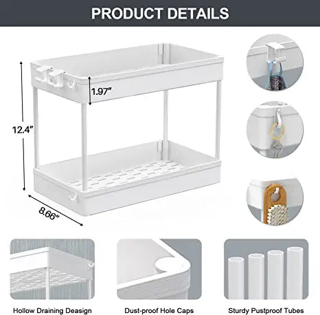 SPACEKEEPER Under Sink Organizer, 2 Tier Under Sink Storage Organizer, Bathroom Standing Rack, Bath Collection Slide-out Baskets with Hooks, Multi-purpose Storage Shelf for Bathroom Kitchen,White