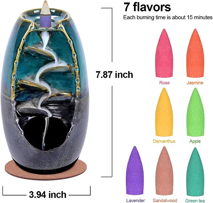SPACEKEEPER Ceramic Backflow Incense Burner for Meditation Waterfall Incense Holder  for Yoga Aromatcherapy Ornament with 120 Backflow Incense Cones + 30 Incense Stick, Blue