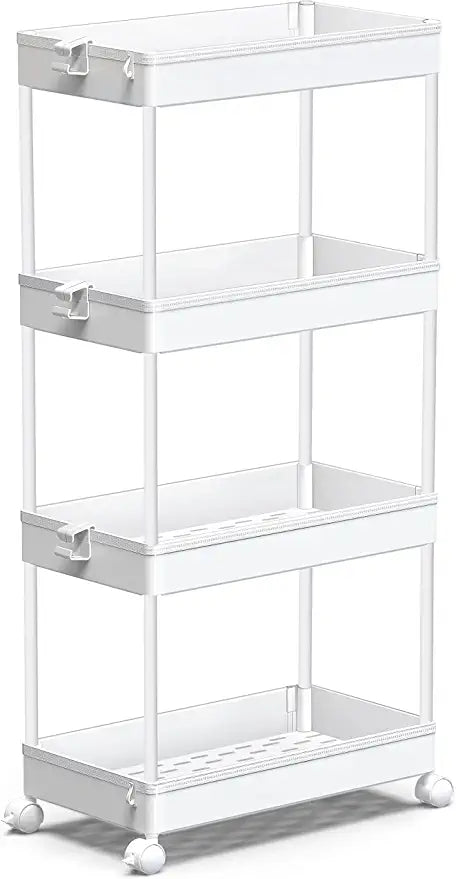 SPACEKEEPER Storage Cart 4 Tier Mobile Shelving Unit Organizer Rolling Utility Cart for Kitchen Bathroom Laundry,White