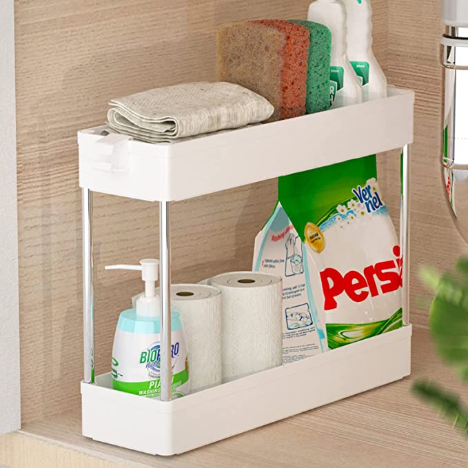 SPACEKEEPER Under Sink Organizers Storage, Bathroom Under Sink Shelf Basket, 2 Tier Bath Organizers and Storage Rack with Hooks, Under Kitchen Sink Shelf Multi-purpose ,White